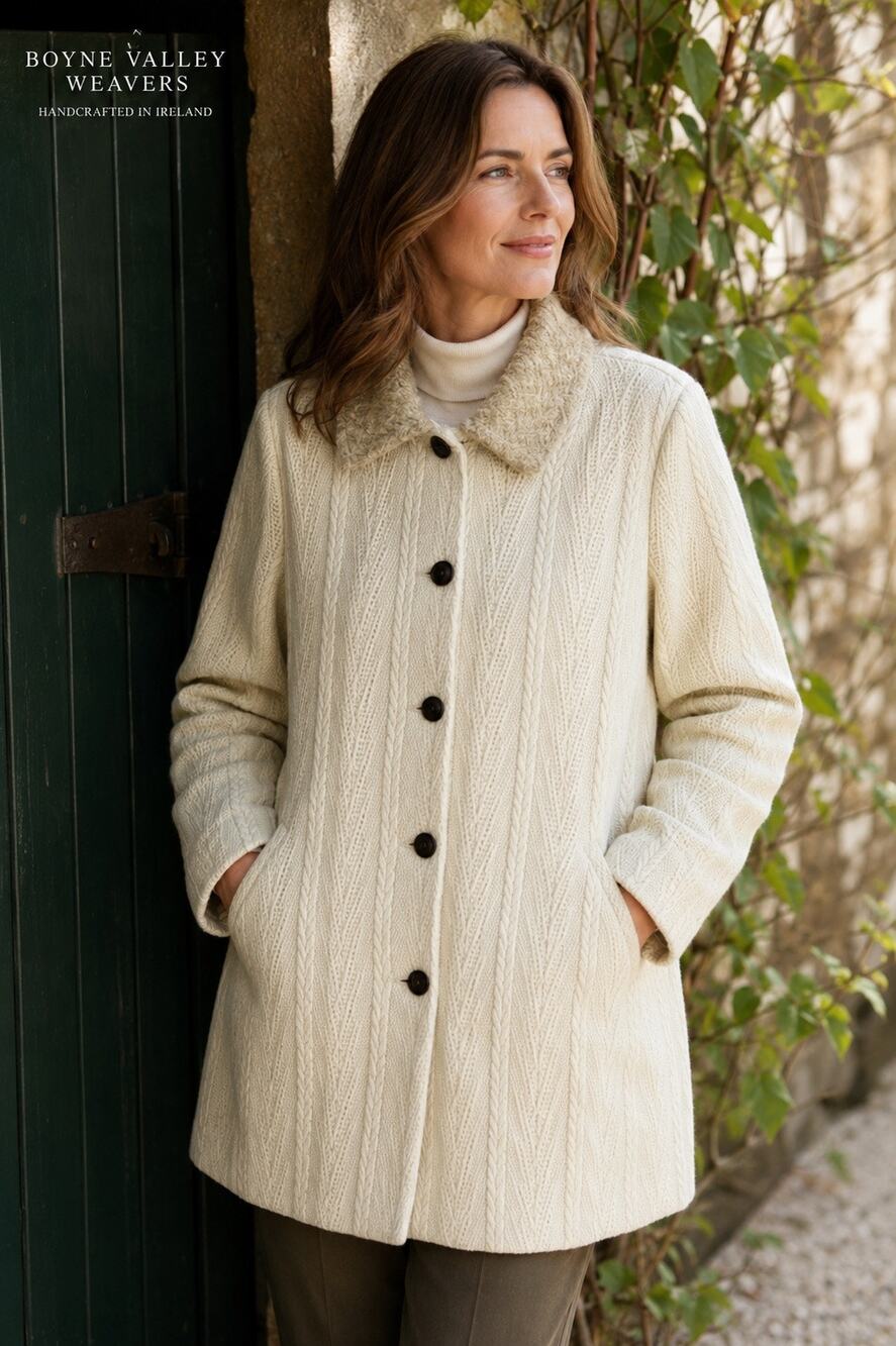 Boyne Valley Weavers Ireland Wool Cashmere Coat Womens M Cream Cable Knit Boho